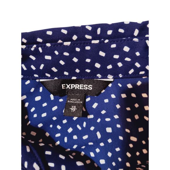 EXPRESS Cute Tie Top Blouse XS Front Pockets Blousy Fit Navy Blue Career Casual - Picture 4 of 8